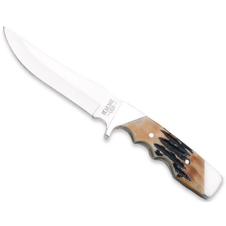 BEAR & SON 9 1/4” Genuine India Stag Bone Fingergroove Skinner with Leather Sheath