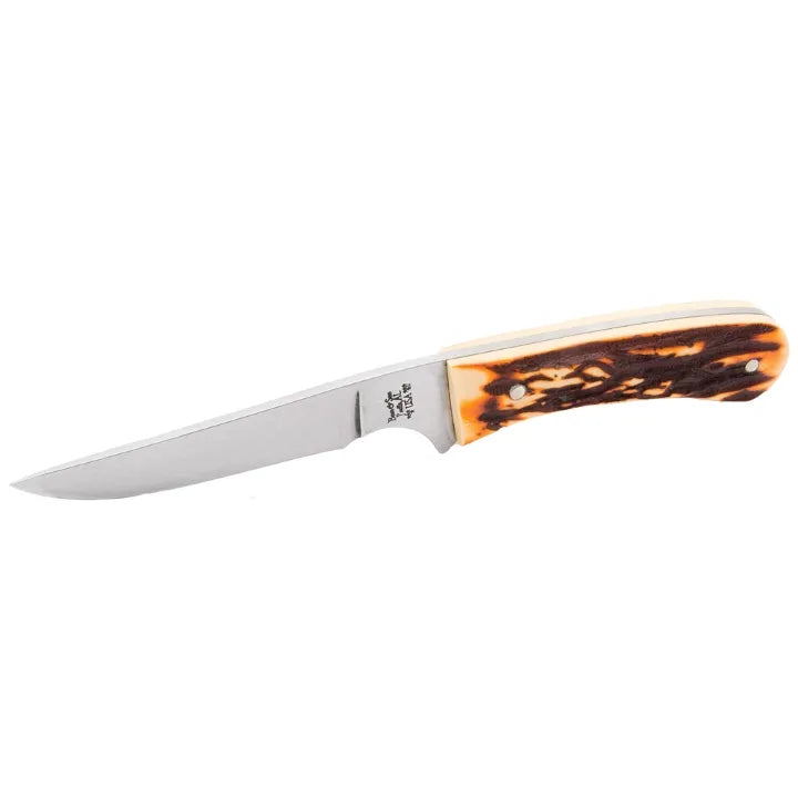 BEAR & SON 751 6 1/2” Stag Delrin Bird/Trout Knife with Leather Sheath