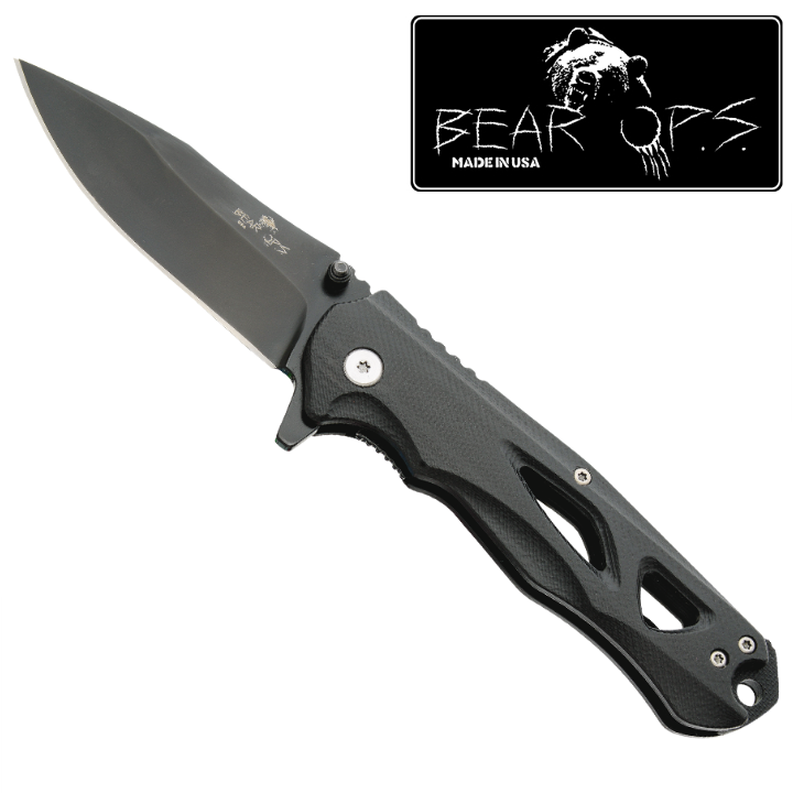 BEAR & SON 4 1/2” G10 Handle Black Blade Knife with Pocket Clip