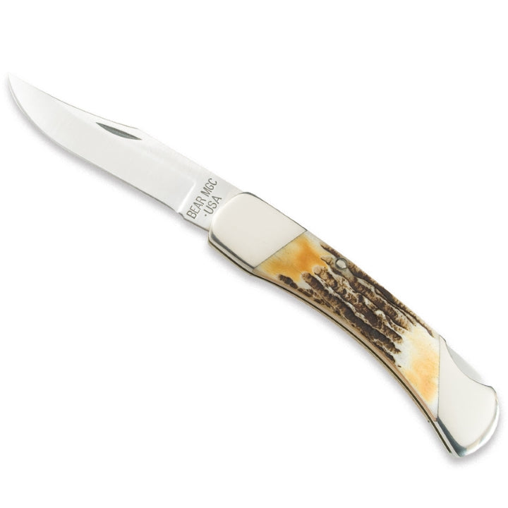 BEAR & SON 5” Genuine India Stag Bone Pro Lockback Knife with Leather Sheath