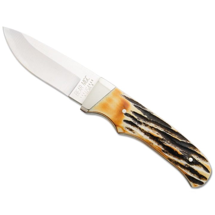BEAR & SON 7 7/8” Genuine India Stag Bone Pro Skinner Knife with Leather Sheath