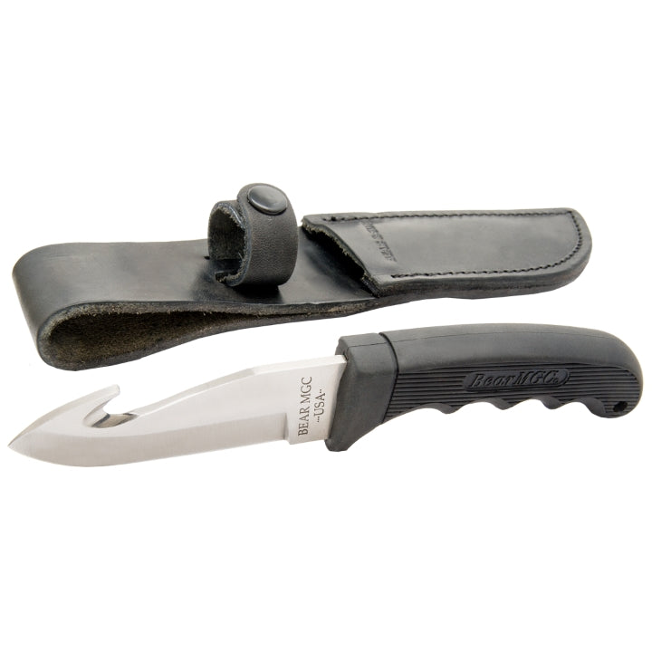 BEAR & SON Bear & Son 8 3/8” Black Guthook Knife with Leather Sheath