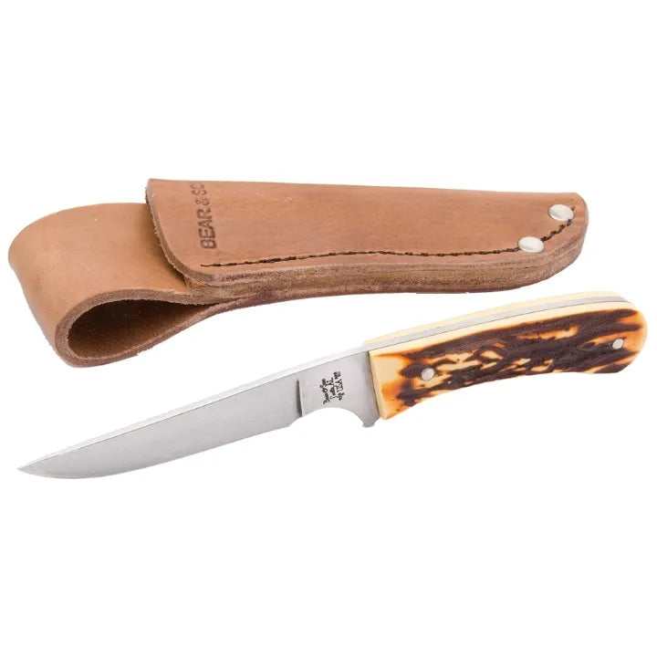 BEAR & SON 751 6 1/2” Stag Delrin Bird/Trout Knife with Leather Sheath